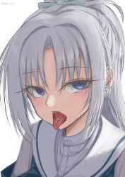 Rule 34 | 1girl, absurdres, blue eyes, blush, close-up, commentary request, ear piercing, eyelashes, eyes visible through hair, grey hair, gyaru, highres, light blush, long hair, looking at viewer, mkn yu, parted bangs, partial commentary, piercing, ponytail, sailor collar, school uniform, senren banka, sidelighting, simple background, solo, tomotake yoshino, tongue, tongue out, tongue piercing, tsurime, twitter username, white background, white sailor collar