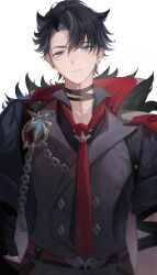 Rule 34 | 1boy, absurdres, belt, bird, black choker, black collar, black fur, black hair, black straps, blue eyes, choker, collar, eagle, earrings, genshin impact, grey jacket, highres, jacket, jewelry, looking at viewer, male focus, multicolored clothes, multicolored jacket, punk, red belt, red tie, scar, scar on face, short hair, silver chain, silver trim, stud earrings, two-tone jacket, white background, wolf, wriothesley (genshin impact), yonesdraws