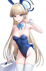 Rule 34 | 1girl, :o, animal ears, bare arms, bare shoulders, blonde hair, blue archive, blue bow, blue bowtie, blue hairband, blue leotard, bow, bowtie, breasts, cleavage, commentary request, detached collar, fake animal ears, fake tail, hair ornament, hairband, halo, hand up, highleg, highleg leotard, highres, holding, large breasts, leotard, long hair, looking at viewer, open mouth, rabbit ears, rabbit tail, simple background, solo, tail, thighhighs, thighs, toki (blue archive), toki (bunny) (blue archive), udaruyo, white background, white thighhighs, wrist cuffs