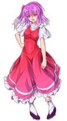 Rule 34 | 1girl, alphes (style), dress, full body, hand on own hip, highres, mystic square, open mouth, parody, pink hair, red eyes, sara (touhou), shoes, short sleeves, side ponytail, smile, solo, style parody, tachi-e, touhou, touhou (pc-98), transparent background, white background, zephid