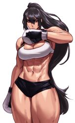 Rule 34 | 1girl, abs, absurdres, black hair, boxing gloves, breasts, cowboy shot, hair between eyes, highres, large breasts, long hair, looking at viewer, muscular, muscular female, navel, original, ponytail, purple eyes, shorts, simple background, solo, sotcho, sports bra, very long hair, white background