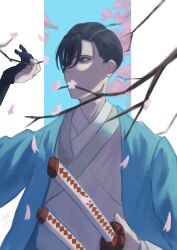 Rule 34 | 1boy, absurdres, black gloves, black hair, blue jacket, branch, cherry blossoms, covered mouth, empty eyes, expressionless, falling petals, fate/grand order, fate (series), flower, gloves, hair over one eye, hair pulled back, haori, highres, holding, holding branch, holding sword, holding weapon, jacket, japanese clothes, katana, kimono, looking to the side, male focus, multiple swords, outori (kou02 as), outside border, partially fingerless gloves, petals, pillarboxed, pink flower, purple eyes, sheath, sheathed, shinsengumi, short hair, solo, sword, upper body, weapon, white kimono, yamanami keisuke (fate)