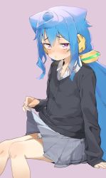 Rule 34 | 1boy, atage, black cardigan, blue hair, blush, bulge, cardigan, clothes lift, collared shirt, crossdressing, feet out of frame, grey skirt, hacka doll, hacka doll 3, lifted by self, long sleeves, looking at viewer, parted lips, pink background, purple eyes, school uniform, shirt, simple background, sitting, skirt, skirt lift, solo, trap, wing collar