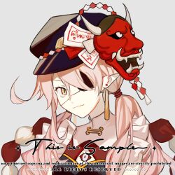 1girl black_hat chinese_commentary chuanhua closed_mouth commentary_request commission earrings eyepatch grey_background hat highres jewelry long_hair mask oni_mask original peaked_cap pink_hair pointy_ears portrait rope shimenawa slit_pupils smile solo yellow_eyes