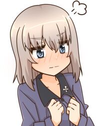 Rule 34 | 1girl, puff of air, angry, blue eyes, blush, clenched hands, closed mouth, commentary, dress shirt, frown, fume, girls und panzer, grey hair, grey shirt, insignia, itsumi erika, kuromorimine school uniform, long sleeves, looking to the side, medium hair, rico (rico-tei), school uniform, shirt, simple background, solo, upper body, white background, wing collar