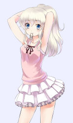 Rule 34 | 10s, 1girl, adjusting hair, blue eyes, casual, charlotte (anime), layered skirt, long hair, mouth hold, ponytail, rin2008, silver hair, simple background, skirt, solo, standing, tank top, tomori nao