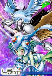 Rule 34 | 2girls, aqua eyes, arm behind head, arm up, ass, blue hair, blush, breast envy, breasts, card (medium), claws, close-up, collar, colored skin, curvy, digimon, digimon (creature), digimon crusader, elbow gloves, embarrassed, facial mark, female focus, fingerless gloves, fins, fish girl, garter straps, gauntlets, gloves, green skin, harpy, head wings, helmet, high collar, highleg, highleg panties, large breasts, lowres, mask, midriff, monster girl, mouth mask, multiple girls, navel, official art, one-piece swimsuit, panties, purple eyes, ranamon, revealing clothes, scarf, shiny skin, short hair, shoulder pads, shutumon, swimsuit, tail, talons, thighhighs, underwear, wide hips, wings, yellow eyes, zoom layer