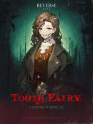 Rule 34 | 1girl, braces, brown eyes, brown hair, coat, curly hair, dress, english text, fairy, forest, highres, holding, holding jar, jar, jewelry, long hair, long sleeves, looking at viewer, nature, necklace, official art, rain, red dress, reverse:1999, shirt, solo, tooth fairy (reverse:1999), tooth necklace, white shirt