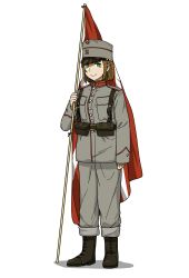 Rule 34 | 1girl, absurdres, anyan (jooho), belt pouch, black footwear, boots, brown hair, closed mouth, danish flag, flag, full body, green eyes, grey hat, grey jacket, grey pants, hat, highres, holding, holding flag, jacket, long sleeves, looking at viewer, military, military uniform, original, pants, pouch, simple background, smile, solo, standing, uniform, white background, world war i