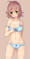 Rule 34 | 1girl, :p, ahoge, bare shoulders, blue bra, blue panties, bow, bow panties, bra, breasts, brown hair, cleavage, green eyes, groin, lace, lace-trimmed bra, lace-trimmed panties, lace trim, navel, original, panties, parsley-f, short hair, simple background, solo, strap slip, tongue, tongue out, underwear, underwear only