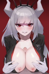 Rule 34 | 1boy, 1girl, absurdres, black jacket, blush, breasts, business suit, cleavage, clenched teeth, collarbone, collared shirt, demon girl, demon horns, erection, formal, gloves, hand on own chest, helltaker, helltaker (character), highres, horns, jacket, kataku musou, large breasts, large penis, long hair, looking at viewer, lucifer (helltaker), mole, mole under eye, nipples, paizuri, parted lips, penis, red background, red eyes, red shirt, shirt, simple background, suit, teeth, white gloves, white hair
