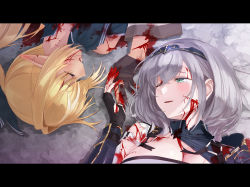 Rule 34 | 2girls, absurdres, black gloves, blonde hair, blood, blood on hands, breasts, cleavage, closed eyes, dark-skinned female, dark skin, death, elf, gloves, green eyes, grey hair, highres, holding hands, hololive, knight, large breasts, letterboxed, mole, mole on breast, multiple girls, one eye closed, pointy ears, ponytail, robotta, shiranui flare, shiranui flare (old design), shirogane noel, shirogane noel (1st costume), short hair, torn clothes, virtual youtuber