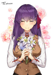 Rule 34 | 1girl, bad id, bad pixiv id, black skirt, blue flower, blush, bouquet, breasts, brown vest, closed eyes, closed mouth, collared shirt, commentary request, crying, facing viewer, fate/stay night, fate (series), fingernails, flower, hair between eyes, hair ribbon, holding, holding bouquet, homurahara academy school uniform, large breasts, long hair, long sleeves, matou sakura, pink flower, pink rose, purple hair, red ribbon, ribbon, rose, school uniform, shirt, simple background, skirt, smile, solo, suou-sensei, tears, upper body, vest, white background, white flower, white shirt