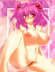 Rule 34 | 1girl, breasts, censored, female focus, hair bobbles, hair ornament, large breasts, nipples, nude, onozuka komachi, pussy, red eyes, red hair, short hair, shoushinmono, solo, stick nipples, tanaka ginji, touhou, twintails, two side up, zoom layer