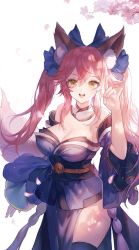 Rule 34 | 1girl, animal ear fluff, animal ears, bare shoulders, blue bow, blue kimono, blue thighhighs, bow, breasts, cherry blossoms, detached sleeves, fate (series), fingernails, fox ears, fox girl, fox shadow puppet, fox tail, gold trim, hair between eyes, hair bow, hand up, highres, japanese clothes, kimono, large breasts, long hair, looking at viewer, maccha (mochancc), open mouth, pelvic curtain, pink hair, sash, short kimono, sidelocks, simple background, smile, solo, strapless, tail, tamamo (fate), tamamo no mae (fate/extra), teeth, thighhighs, upper teeth only, white background, wide sleeves, yellow eyes