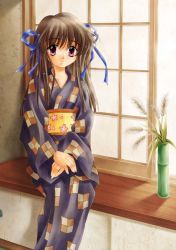 Rule 34 | 00s, 1girl, air (visual novel), artist request, brown hair, japanese clothes, kimono, purple eyes, solo, toono minagi, window