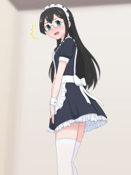 Rule 34 | 1girl, alternate costume, apron, aqua eyes, black hair, blush, bow, commentary, enmaided, geometrie, glasses, highres, kantai collection, long hair, looking at viewer, maid, maid apron, maid headdress, ooyodo (kancolle), open mouth, ribbon, solo, standing, sweat, thighhighs, white bow, white ribbon, white thighhighs, zettai ryouiki