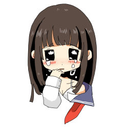 Rule 34 | 1girl, blue sailor collar, blush, bra, breasts, brown hair, cleavage, crying, crying with eyes open, dot nose, hand to own mouth, highres, long sleeves, looking at viewer, manmi, medium breasts, medium hair, neckerchief, open mouth, original, partially undressed, red neckerchief, sailor collar, school uniform, serafuku, shirt, simple background, tears, underwear, white background, white bra, white shirt