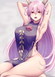 Rule 34 | 1girl, :o, armpits, arms behind head, arms up, breasts, commentary, grey background, hair between eyes, highres, horns, ibaraki douji (touhou), ibaraki kasen, large breasts, long hair, looking at viewer, mirufui, naked tabard, no bra, no panties, open mouth, pelvic curtain, pink hair, red eyes, seiza, sideboob, sitting, solo, tabard, teeth, touhou, upper teeth only