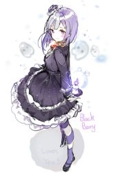 Rule 34 | 1girl, anmi, arms behind back, black dress, blackberry cookie, blush, brooch, candle, cookie run, crown, dress, frills, jewelry, lolita fashion, long sleeves, mini crown, pantyhose, purple eyes, purple hair, short hair, solo, striped clothes, striped legwear, striped pantyhose
