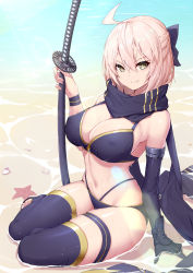 Rule 34 | 1girl, absurdres, ahoge, armband, bare shoulders, beach, bikini, black bikini, black bow, black gloves, black scarf, blonde hair, blush, bow, breasts, brown eyes, cleavage, fate/grand order, fate (series), fei er, full body, gloves, hair bow, highres, katana, large breasts, looking at viewer, multi-strapped bikini, navel, okita j. souji (fate), okita j. souji (first ascension) (fate), okita souji (fate), okita souji (koha-ace), scarf, short hair, single glove, sitting, smile, solo, swimsuit, sword, thigh strap, thighs, weapon