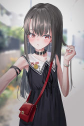 Rule 34 | 1girl, absurdres, arm belt, bad id, bad twitter id, bag, belt collar, black dress, black ribbon, blurry, blurry background, collar, cowboy shot, cross, cross earrings, depth of field, dress, earrings, fingernails, gishiki (gshk), grey hair, hand up, highres, jewelry, long hair, looking at viewer, nail polish, neck ribbon, original, outdoors, parted lips, red eyes, red nails, ribbon, shoulder bag, skinny, smile, solo, watch, wristwatch