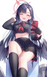 Rule 34 | 1girl, black gloves, black hair, black shirt, blue archive, closed eyes, gloves, highres, ichika (blue archive), kep (ahokep), long hair, looking at viewer, open mouth, shirt, simple background, smile, solo