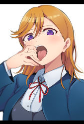 Rule 34 | 1girl, absurdres, blue jacket, cropped jacket, from below, highres, jacket, letterboxed, long hair, love live!, love live! superstar!!, medium hair, orange hair, purple eyes, red neckwear, red ribbon, ribbon, school uniform, shibuya kanon, simple background, solo, tongue, tongue out, wewe, yuigaoka school uniform