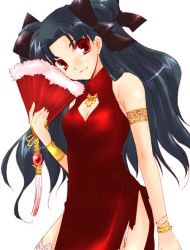 Rule 34 | 00s, 1girl, black hair, china dress, chinese clothes, dress, fate/stay night, fate (series), feather fan, female focus, folding fan, garter straps, hand fan, long hair, looking at viewer, red dress, red eyes, simple background, smile, solo, thighhighs, tohsaka rin, twintails, two side up, white background
