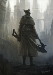 Rule 34 | 1other, artist name, belt, bloodborne, boots, brown belt, brown capelet, brown coat, brown gloves, capelet, city, coat, facing away, fence, from behind, gloves, grey hair, gun, hat, highres, holding, holding gun, holding weapon, hunter (bloodborne), outdoors, ponytail, saw, saw cleaver, solo, tricorne, tripdancer, weapon
