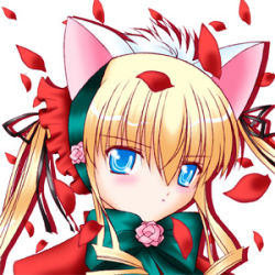 Rule 34 | 00s, 1girl, animal ears, blonde hair, blue eyes, blush, bow, bowtie, cat ears, expressionless, fake animal ears, flower, lowres, petals, portrait, rose, rose petals, rozen maiden, shinku, simple background, solo, upper body, white background