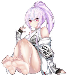 Rule 34 | 1girl, barefoot, blush, closers, feet, fingerless gloves, gloves, highres, light purple hair, long hair, looking at viewer, mirae (closers), off shoulder, parted lips, pink eyes, ponytail, soles, toes