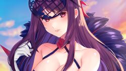 Rule 34 | 1girl, bare shoulders, breasts, cleavage, cloud, commentary request, edamameoka, fire emblem, fire emblem engage, gloves, highres, ivy (fire emblem), large breasts, long hair, looking at viewer, mole, mole under mouth, nintendo, outdoors, portrait, purple eyes, purple hair, smile, solo, very long hair, white gloves