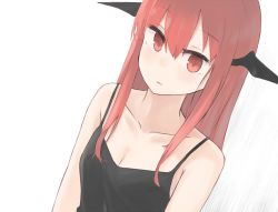 Rule 34 | 1girl, bare shoulders, breasts, camisole, cleavage, closed mouth, commentary request, demon girl, dutch angle, head wings, hinami047, koakuma, long hair, red eyes, red hair, sidelocks, simple background, small breasts, solo, straight hair, touhou, upper body, white background, wings