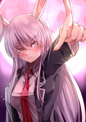 Rule 34 | 1girl, absurdres, blazer, blue jacket, breasts, closed mouth, collared shirt, hair between eyes, highres, jacket, long hair, long sleeves, looking at viewer, mahoro (minase mahoro), medium breasts, nail polish, necktie, pink eyes, pink nails, pointing, purple background, purple hair, purple theme, red necktie, reisen udongein inaba, shirt, smile, solo, touhou, upper body, very long hair, white shirt