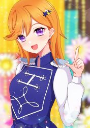 Rule 34 | 1girl, blurry, blurry background, commentary request, earrings, epaulettes, hair ornament, highres, jewelry, long sleeves, looking at viewer, love live!, love live! superstar!!, medium hair, open mouth, orange hair, pointing, pointing up, purple eyes, shibuya kanon, sikamiya, sing! shine! smile!, solo, standing, star (symbol), star hair ornament, upper body