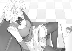 Rule 34 | 1girl, apron, blush, bow, cleavage cutout, clothes lift, clothing cutout, cup, dorontabi, drugged, elbow gloves, gloves, highres, maid, maid headdress, monochrome, original, panties, pill, short hair, sitting, skirt, skirt lift, sleeping, sleeveless, solo, spilling, spread legs, thighhighs, tile floor, tiles, underwear