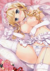 Rule 34 | 1girl, absurdres, animal print, bare shoulders, bed sheet, blonde hair, blue bow, blue eyes, blush, bow, bow panties, breasts, bridal veil, bride, butterfly print, cameltoe, closed mouth, elbow gloves, flower, garter straps, gloves, groin, hair flower, hair ornament, highres, huge filesize, large breasts, long hair, looking at viewer, lowleg, lowleg panties, lying, navel, nipples, on back, on bed, original, panties, pillow, scan, shiny skin, smile, solo, swept bangs, thighhighs, underwear, veil, wavy hair, white gloves, white panties, white thighhighs, yan-yam