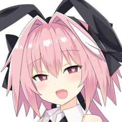 Rule 34 | 1boy, animal ears, astolfo (fate), astolfo (saber) (fate), ca ligula (extendzamonas), fang, fate/grand order, fate (series), heart, heart-shaped pupils, looking at viewer, lowres, male focus, multicolored hair, open mouth, pink hair, rabbit ears, red eyes, skin fang, smile, streaked hair, symbol-shaped pupils, trap, two-tone hair, white hair