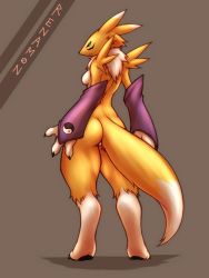 Rule 34 | 1girl, 340m/sec, ass, bandai namco, breasts, digimon, digimon (creature), fingerless gloves, furry, gloves, highres, red eyes, renamon
