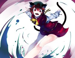 Rule 34 | 1girl, action, animal ears, brown eyes, brown hair, cat ears, chen, earrings, energy, fangs, fingernails, green hat, hat, highres, hip focus, ikurauni, jewelry, legs, long sleeves, looking at viewer, looking down, multiple tails, nail polish, outstretched arms, red eyes, red nails, red skirt, red vest, ribbon, sharp fingernails, sharp teeth, shirt, short hair, skirt, solo, tail, teeth, thighs, touhou, two tails, vest, white shirt