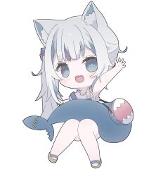 Rule 34 | 1girl, :d, animal bag, animal ear fluff, animal ears, bag, blue eyes, blue hair, blue skirt, blunt bangs, blush, cat ears, chibi, commentary, cube hair ornament, fang, fins, fish tail, frilled sleeves, frills, gawr gura, gawr gura (casual), grey hair, hair ornament, hand up, handbag, highres, hocmiya, hololive, hololive english, invisible chair, looking at viewer, multicolored hair, open mouth, sandals, shark bag, shark girl, shark tail, shirt, short sleeves, side ponytail, sidelocks, simple background, sitting, skin fang, skirt, skirt set, smile, solo, streaked hair, symbol-only commentary, tail, virtual youtuber, waving, white background, white shirt