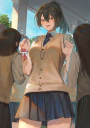 Rule 34 | 5girls, black skirt, blue eyes, breasts, brown hair, cardigan vest, commentary request, duplicate, eyes visible through hair, from below, hair between eyes, height difference, highres, large breasts, long hair, mashuu (neko no oyashiro), multiple girls, necktie, oomikado itsuki, original, outdoors, pixel-perfect duplicate, pleated skirt, school uniform, shirt, short hair, skirt, smile, sparkle, striped, striped necktie, sweater vest, tall female, thighs, valentine, white shirt