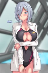 Rule 34 | 1girl, black one-piece swimsuit, blue eyes, blurry, blurry background, blush, breasts, cleavage, cleavage cutout, clothing cutout, commentary request, competition swimsuit, cowboy shot, dated, dress shirt, hair ornament, hair over one eye, hairclip, hamakaze (kancolle), hand on own arm, highres, kantai collection, large breasts, long sleeves, montemasa, navel, one-hour drawing challenge, one-piece swimsuit, open clothes, open mouth, open shirt, partial commentary, pool, rei no pool, shirt, short hair, silver hair, solo, stomach cutout, swimsuit, twitter username, white shirt