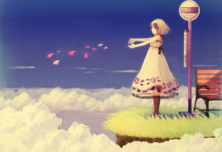 Rule 34 | 1girl, amamizu (pixiv), bench, bus stop, cloud, day, dress, female focus, flower, grass, hair flower, hair ornament, heart, nature, original, outdoors, scenery, sky, solo, usui (tripcube)