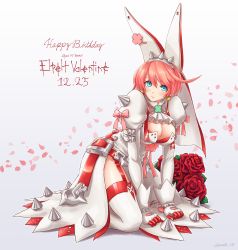 Rule 34 | 1girl, absurdres, ahoge, all fours, aqua eyes, arc system works, blush, bouquet, breasts, bridal veil, cleavage, dress, elphelt valentine, flower, garter straps, gloves, gomaq, guilty gear, guilty gear xrd, happy birthday, highres, large breasts, long sleeves, looking at viewer, pink hair, red flower, red rose, ribbon, rose, shiny skin, short hair, smile, solo, thighhighs, veil, wedding dress, white dress