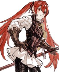 Rule 34 | 1girl, abinosu0903, belt, belt buckle, black belt, black pantyhose, black ribbon, brown gloves, buckle, closed mouth, commentary request, fire emblem, fire emblem fates, gloves, hair ribbon, hand on own hip, highres, holding, holding sword, holding weapon, long hair, long sleeves, looking at viewer, miniskirt, nintendo, pantyhose, pleated skirt, red eyes, red hair, ribbon, selena (fire emblem fates), simple background, skirt, solo, sword, twintails, very long hair, weapon, white background, white skirt