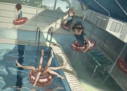 Rule 34 | 3girls, barefoot, bench, black hair, braid, disembodied hand, disembodied torso, female focus, innertube, low twin braids, low twintails, multiple girls, one-piece swimsuit, original, pool, poolside, shadow, swim ring, swimsuit, tensen (dotted line), twin braids, twintails, water, what