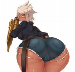 Rule 34 | 1girl, ass, ass focus, belt, bent over, blazblue, blush, breasts, bullet (blazblue), cutoffs, dark-skinned female, dark skin, denim, denim shorts, embarrassed, gauntlets, hip focus, huge ass, jacket, large breasts, looking at viewer, looking back, magister, micro shorts, pocket, short hair, short shorts, shorts, simple background, skindentation, solo, spiked hair, sweatdrop, thick thighs, thighs, trefoil, white background, white hair, wide hips