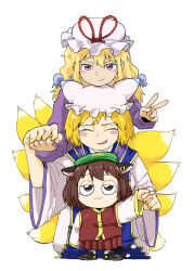 3girls :3 animal_ear_headwear animal_ears behind_another black_eyes blonde_hair blue_tabard blush brown_hair cat_ears cat_girl chen child chin_rest closed_eyes closed_mouth facing_viewer fake_animal_ears full_body furrowed_brow gold_trim green_hat half-closed_eyes hat head_on_head head_rest highres holding_hands kitsune kneeling kyuubi long_hair long_sleeves looking_at_viewer mob_cap multiple_girls multiple_tails open_mouth piccolo_manhole purple_eyes red_skirt red_vest robe shirt short_hair simple_background single_sleeve_past_fingers skirt smirk standing tabard tail touhou v vest white_background white_robe white_shirt wide_sleeves yakumo_ran yakumo_yukari